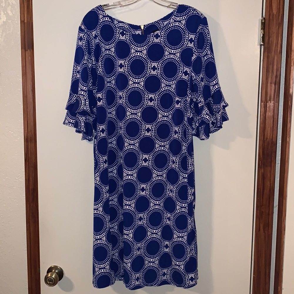 Ronni Nicole Royal Blue and White dress with bell style sleeves, 18W